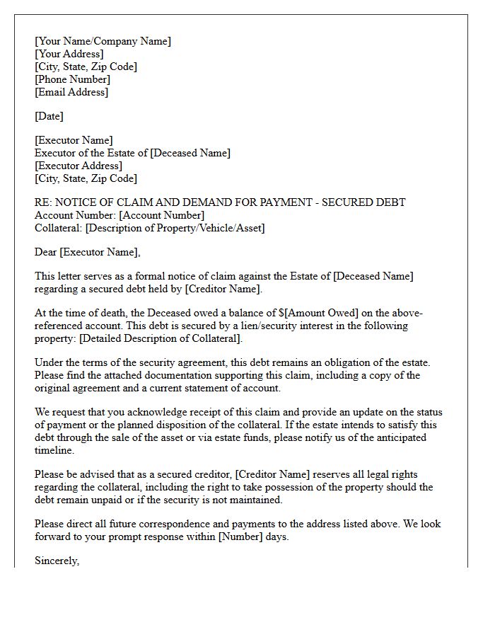 Secured Debt Estate Executor Demand for Payment Letter