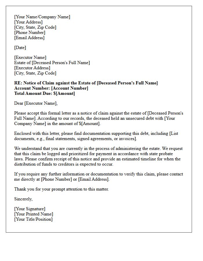Unsecured Debt Estate Executor Demand for Payment Letter