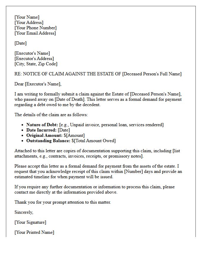 Notice of Claim Estate Executor Demand for Payment Letter