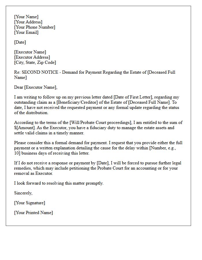 Follow-Up Estate Executor Demand for Payment Letter