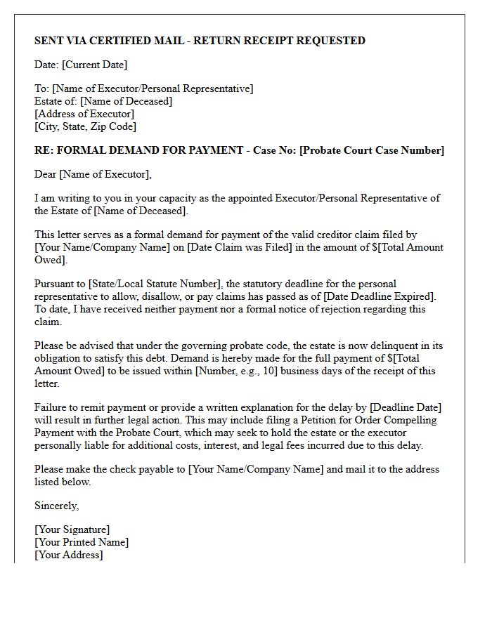 Statutory Deadline Estate Executor Demand for Payment Letter