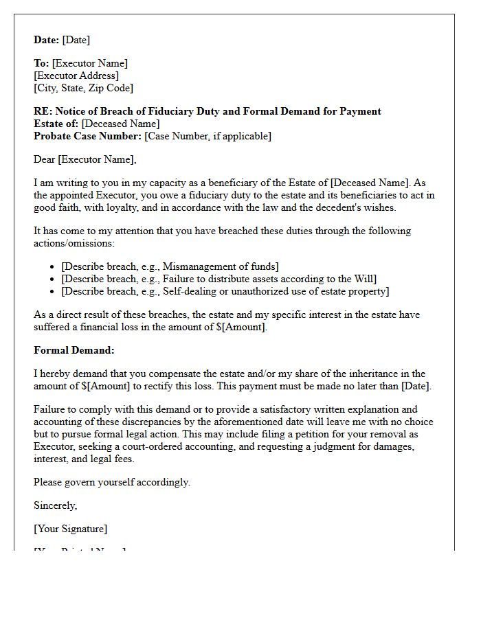 Fiduciary Breach Estate Executor Demand for Payment Letter