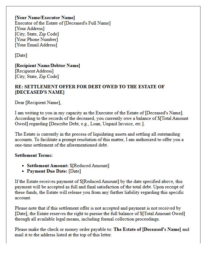 Settlement Offer Estate Executor Demand for Payment Letter