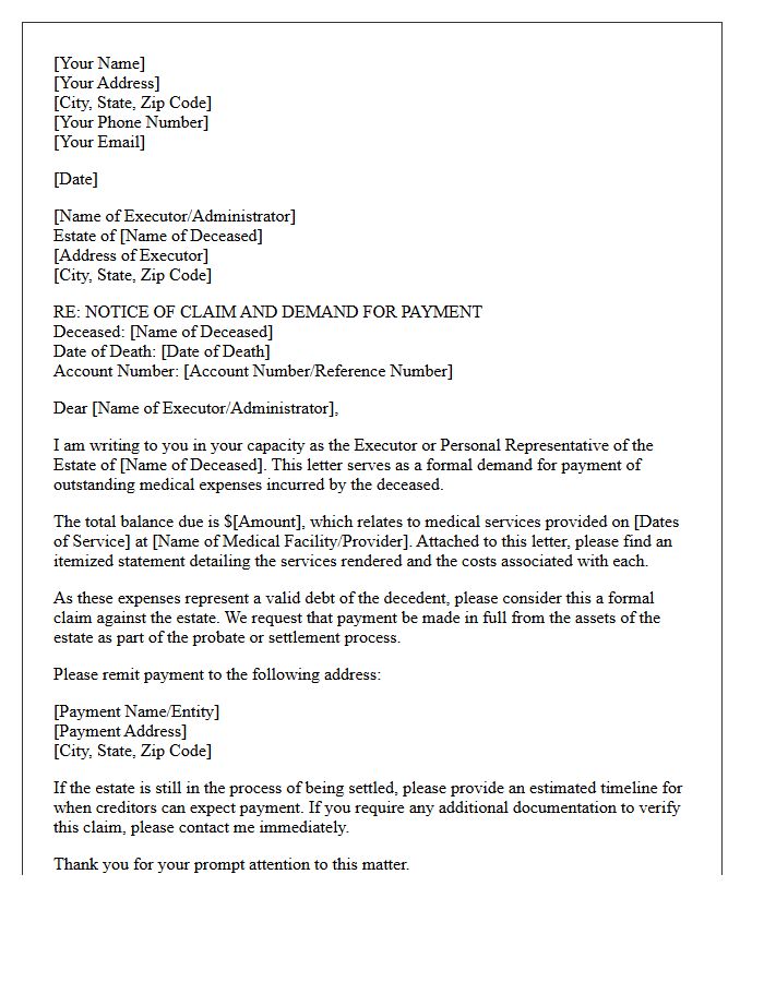 Medical Claims Estate Executor Demand for Payment Letter