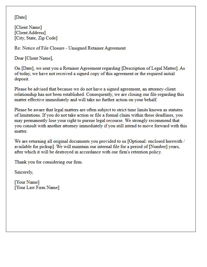 Closure Of File For Unsigned Retainer Agreement Letter