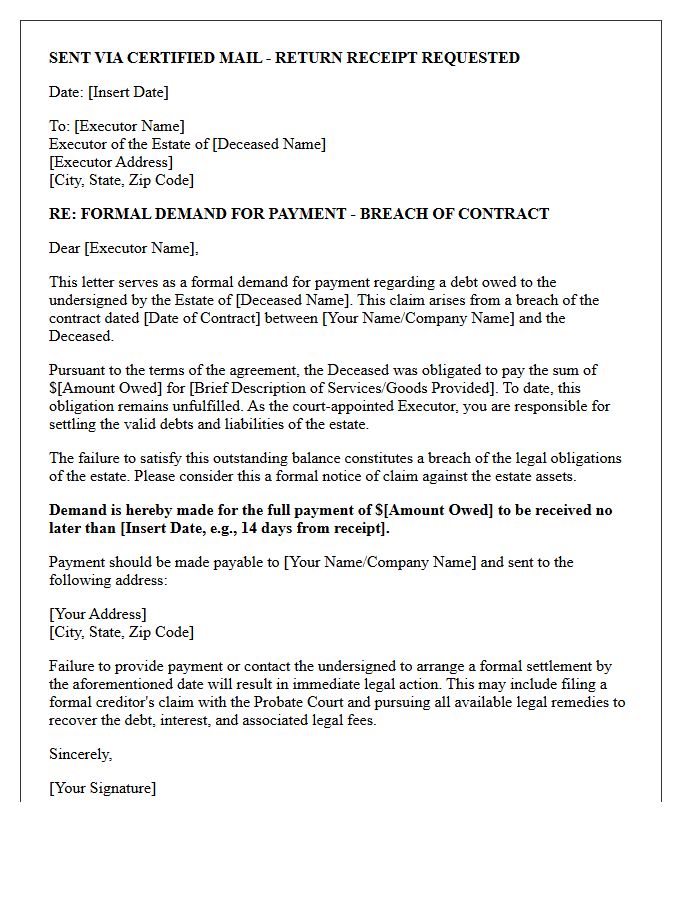 Breach of Contract Estate Executor Demand for Payment Letter