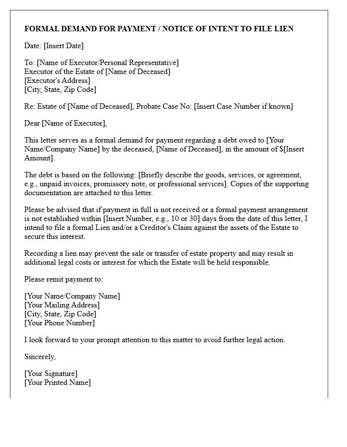 Intent to Lien Estate Executor Demand for Payment Letter