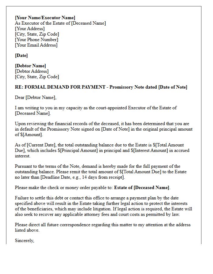 Promissory Note Estate Executor Demand for Payment Letter