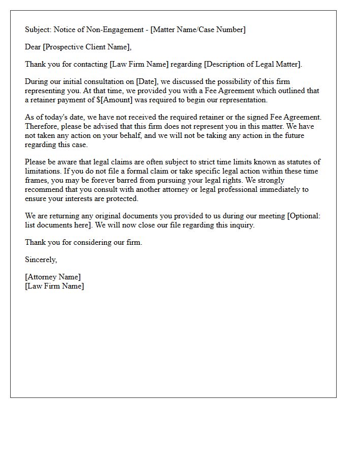 Non-Engagement Letter For Failure To Return Retainer