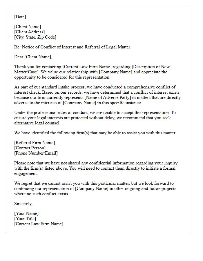 Corporate Representation Conflict of Interest Referral Letter