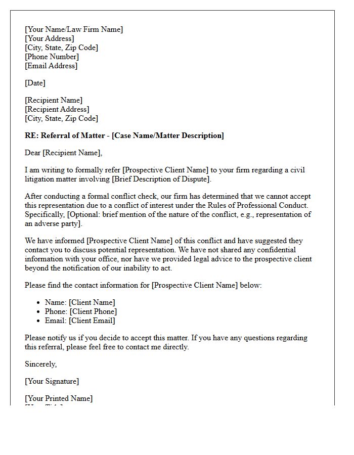 Civil Litigation Conflict of Interest Referral Letter