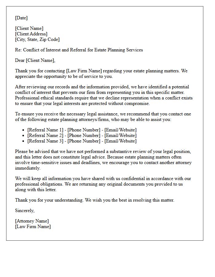 Estate Planning Conflict of Interest Client Referral Letter