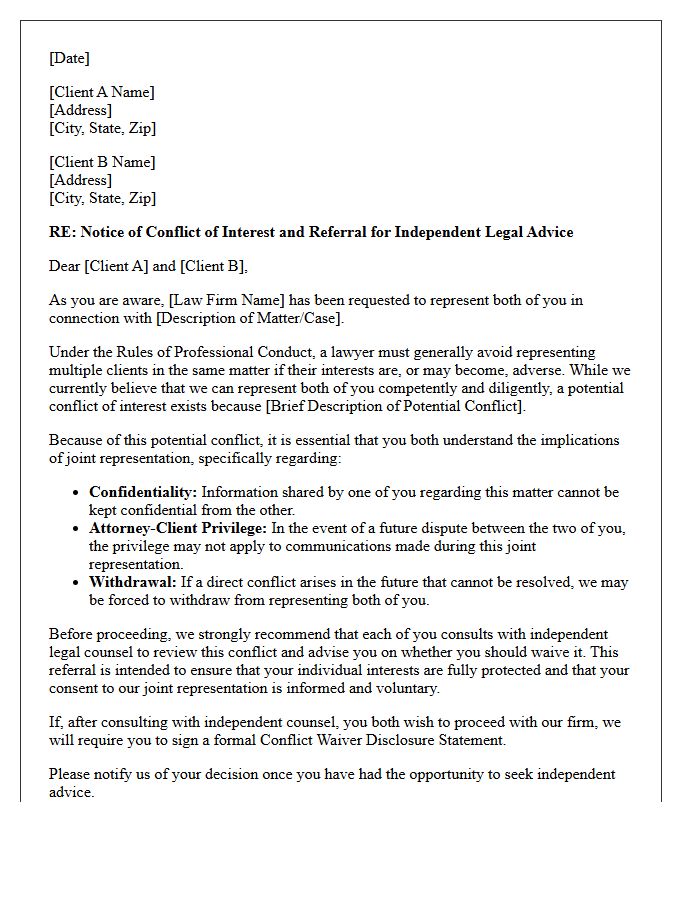 Joint Representation Conflict of Interest Referral Letter