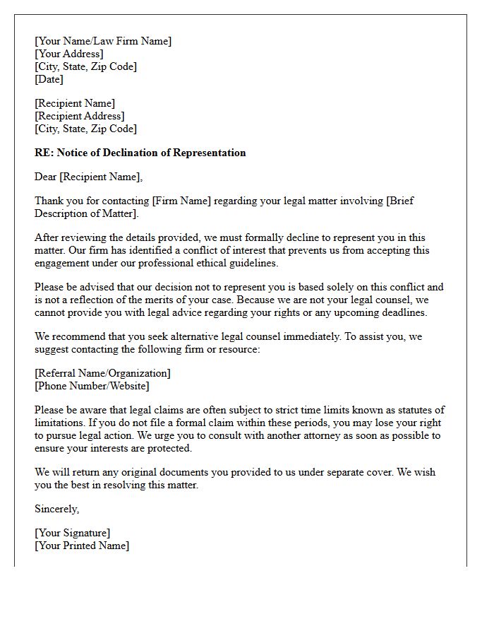 Declination and Referral Letter Due to Conflict of Interest