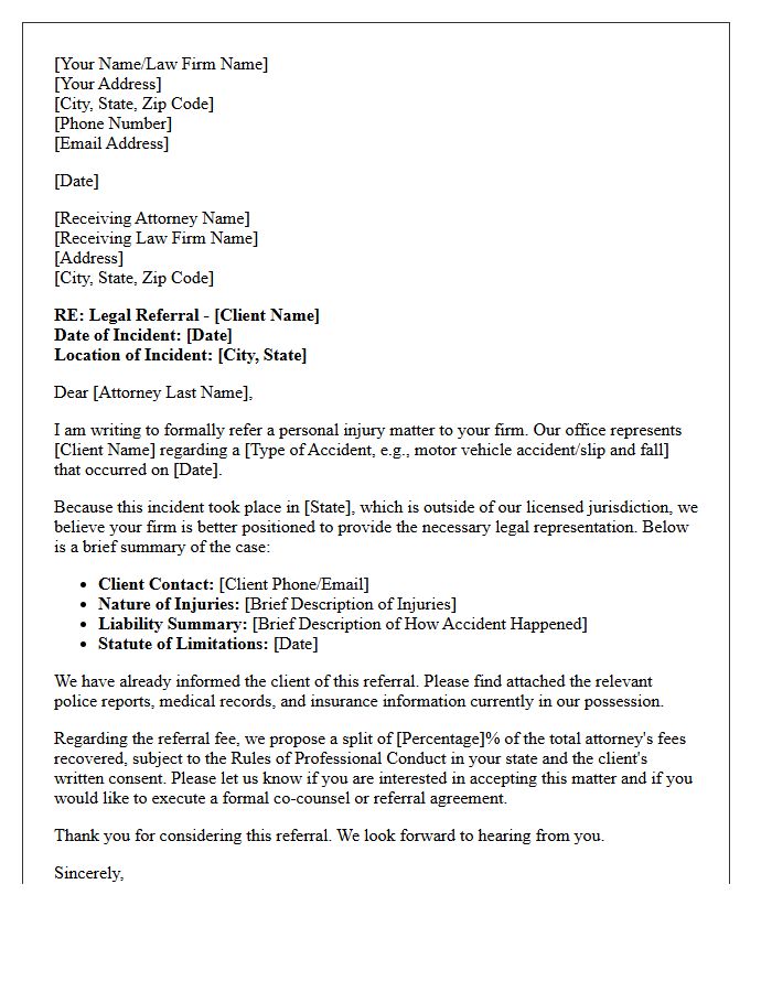 Personal Injury Out of State Jurisdiction Legal Referral Letter