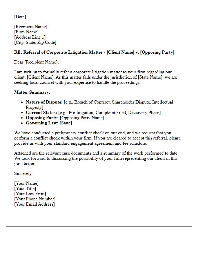 Corporate Litigation Out of State Jurisdiction Legal Referral Letter