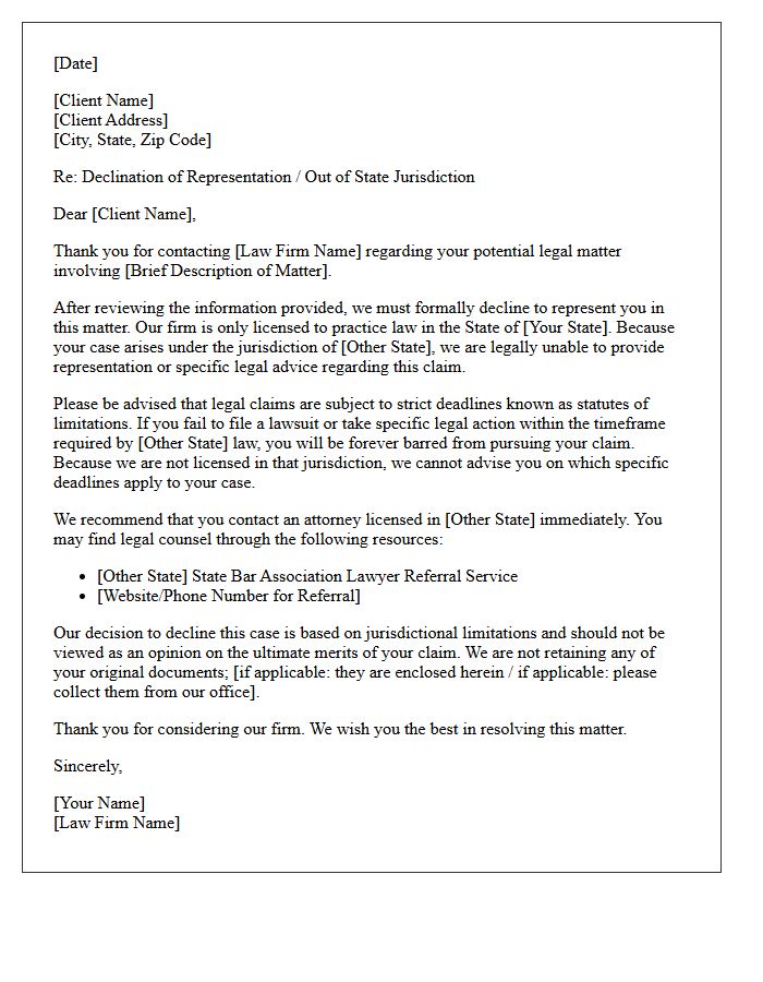 Declination and Out of State Jurisdiction Legal Referral Letter