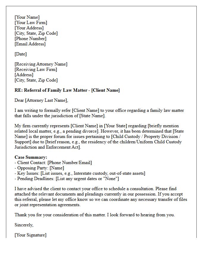 Family Law Out of State Jurisdiction Legal Referral Letter