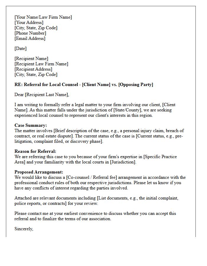 Local Counsel Out of State Jurisdiction Legal Referral Letter