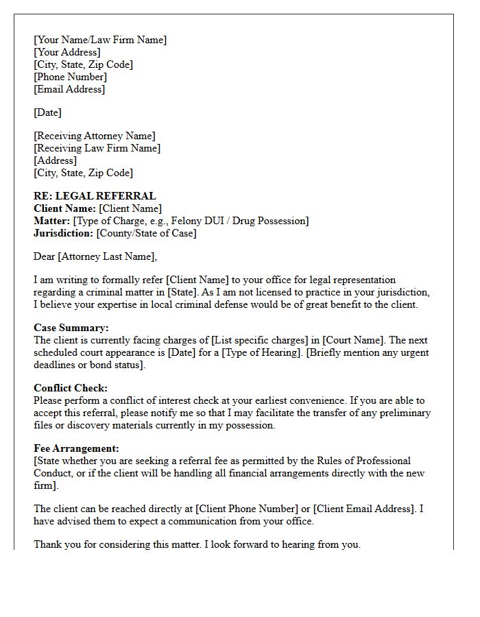Criminal Defense Out of State Jurisdiction Legal Referral Letter