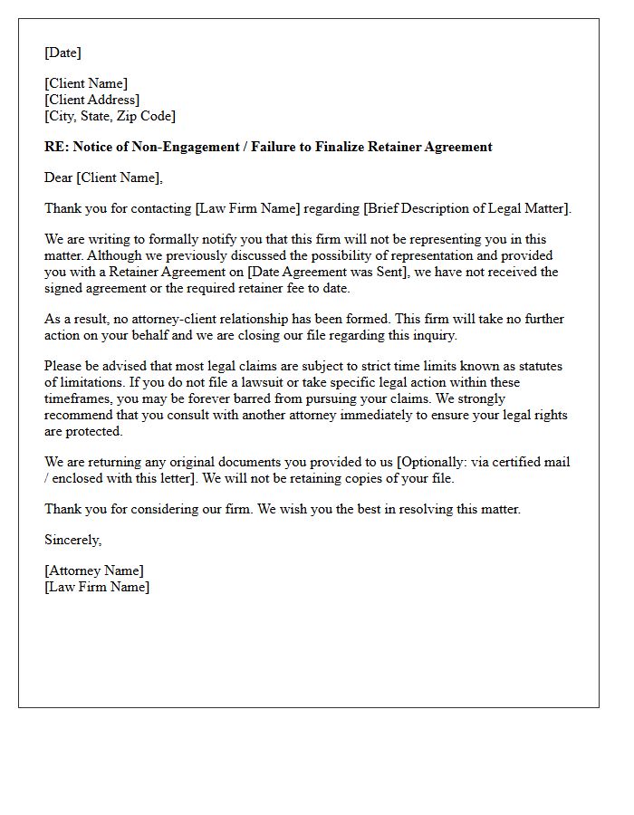Failure To Finalize Retainer Agreement Non-Engagement Letter