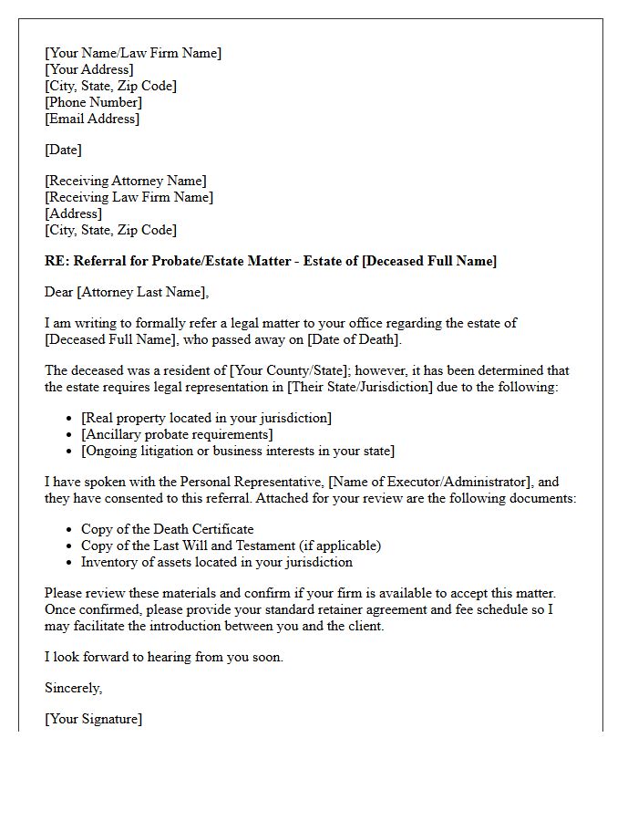 Probate and Estate Out of State Jurisdiction Legal Referral Letter