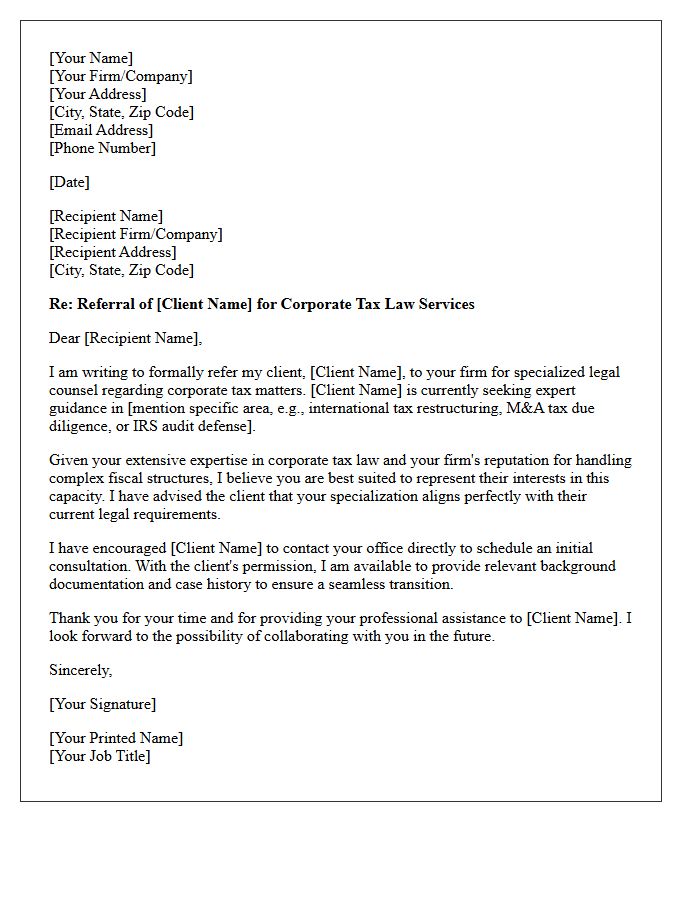 Corporate Tax Law Specialization Referral Letter