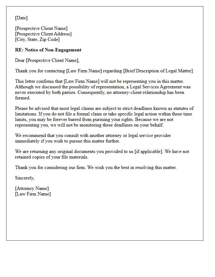 Unexecuted Legal Services Agreement Non-Engagement Letter