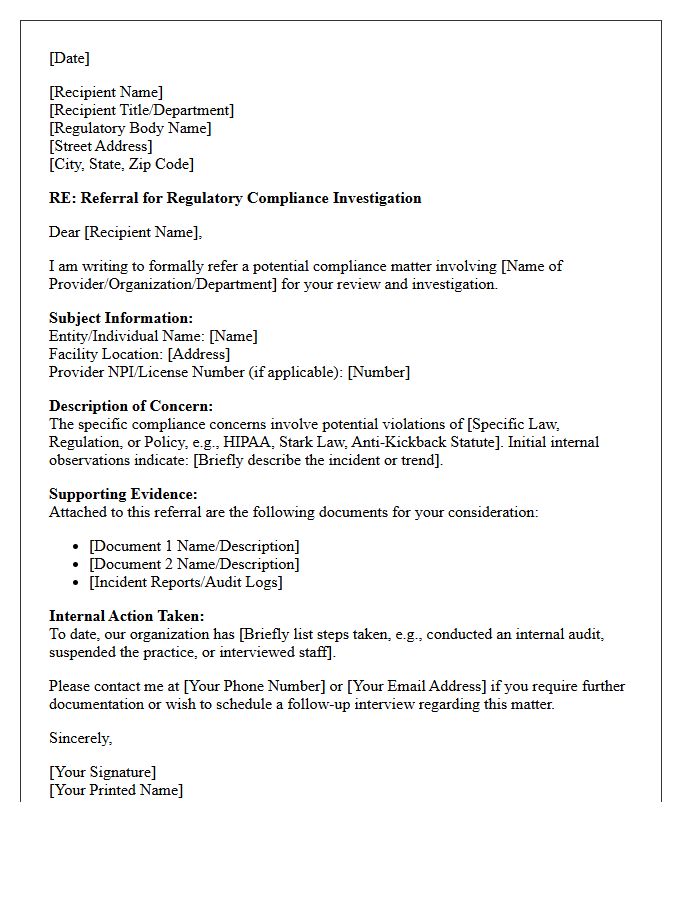 Healthcare Regulatory Compliance Referral Letter