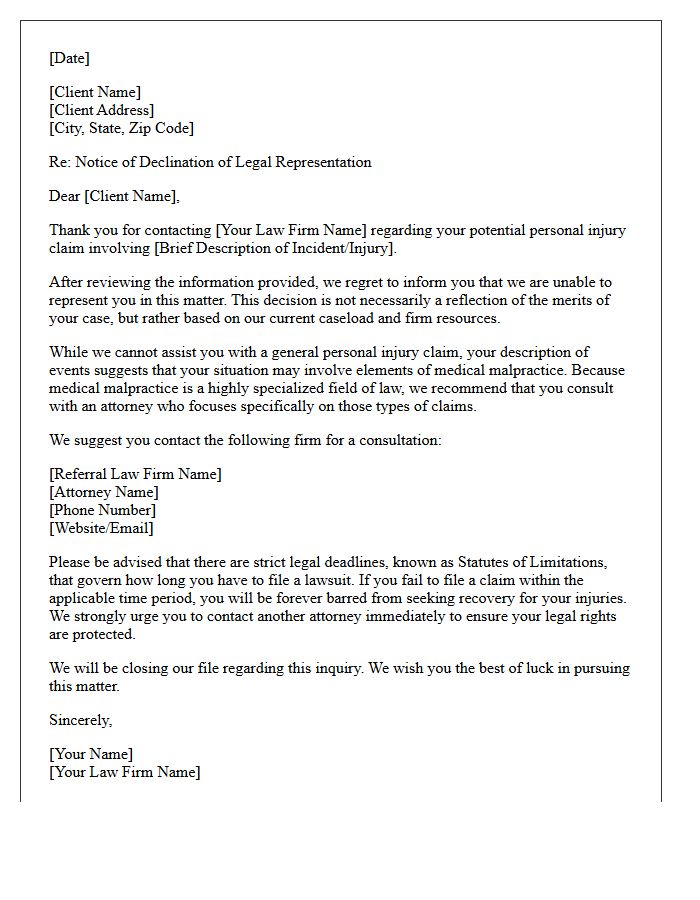 Personal Injury Declination And Medical Malpractice Referral Letter
