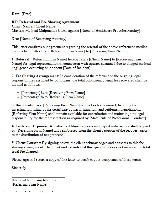 Fee Sharing Agreement And Medical Malpractice Referral Letter