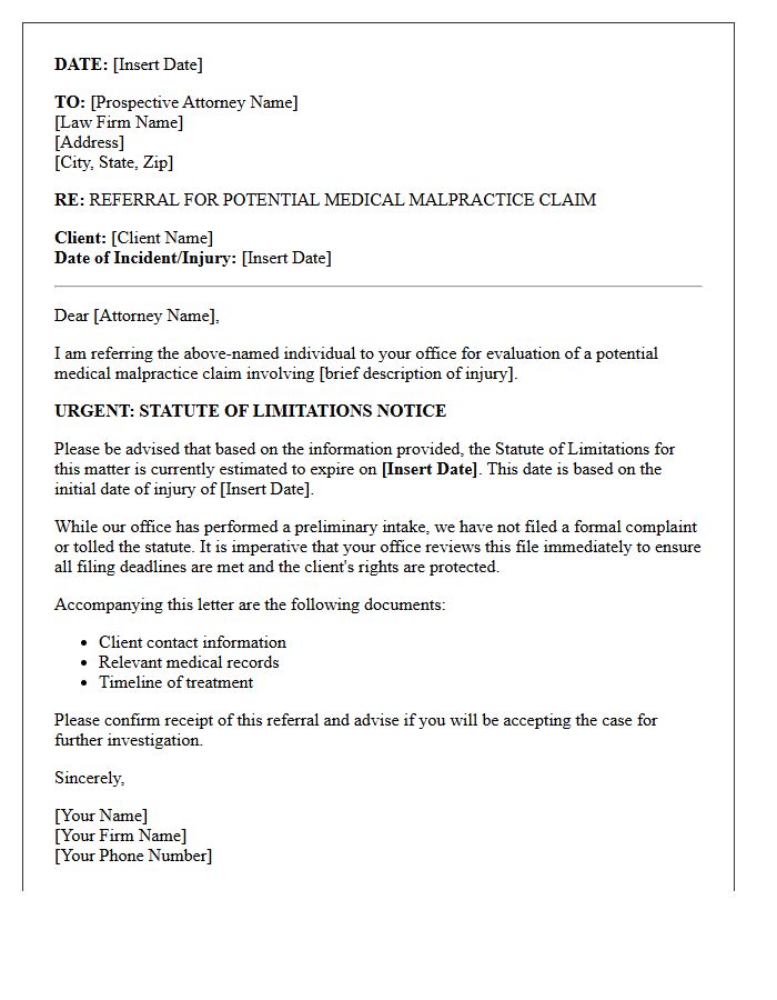 Statute Of Limitations Notice In Malpractice Referral Letter