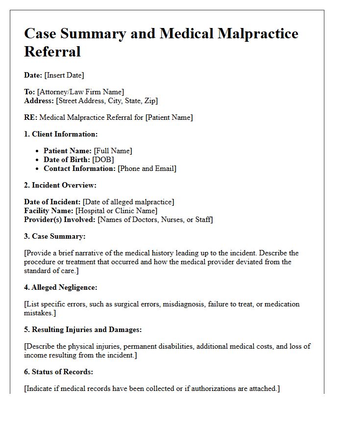 Case Summary And Medical Malpractice Referral Letter