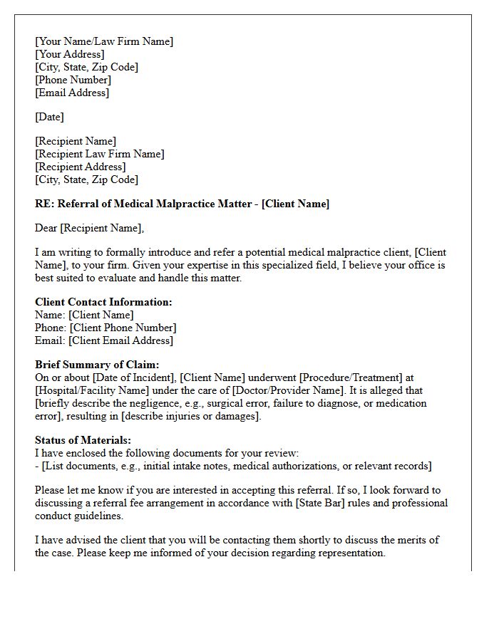 Client Introduction And Medical Malpractice Referral Letter