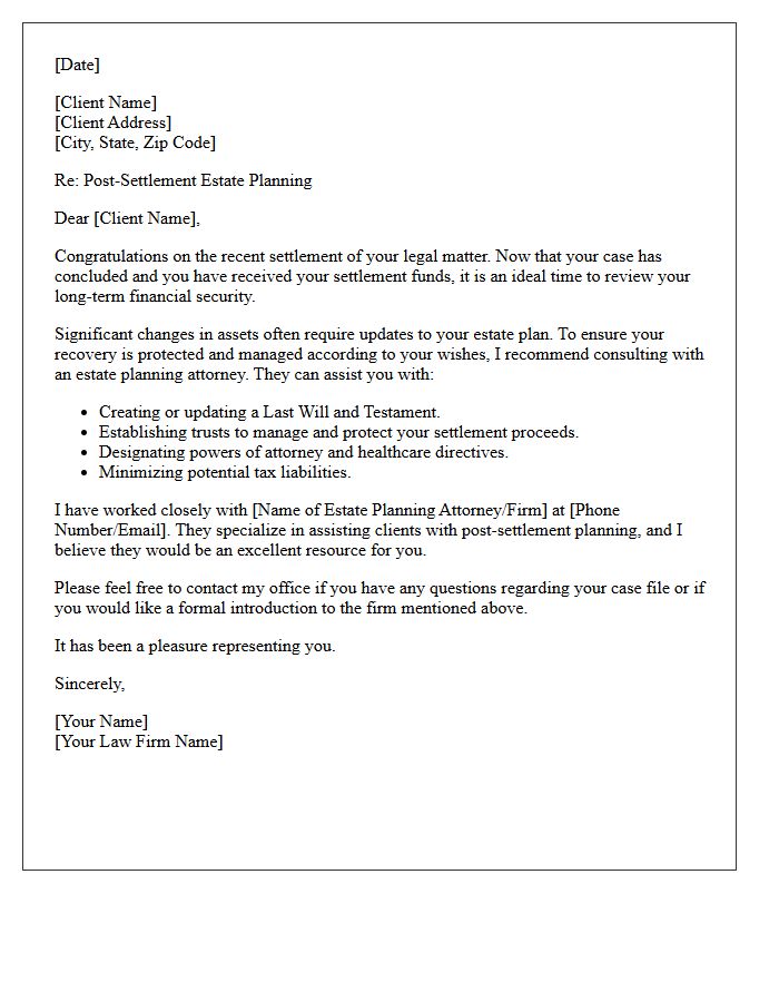 Post-Settlement Estate Planning Referral Letter