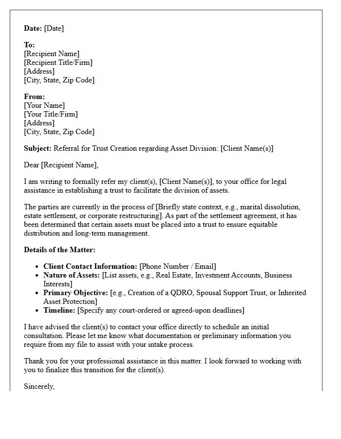 Asset Division Trust Creation Referral Letter