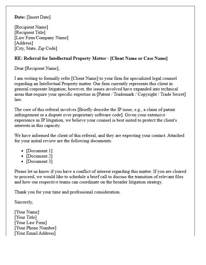 Corporate Litigation to Intellectual Property Counsel Referral Letter