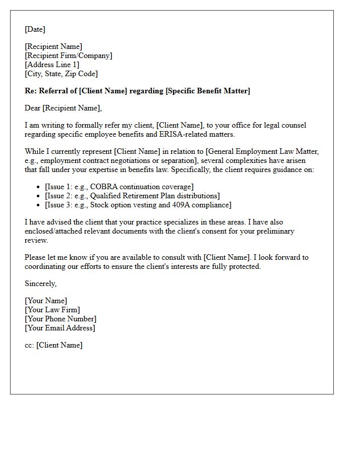 Employment Law to Employee Benefits Counsel Referral Letter