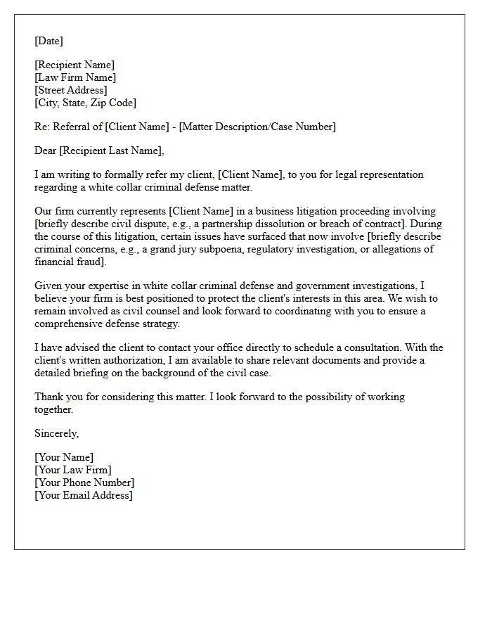 Business Litigation to White Collar Criminal Defense Referral Letter