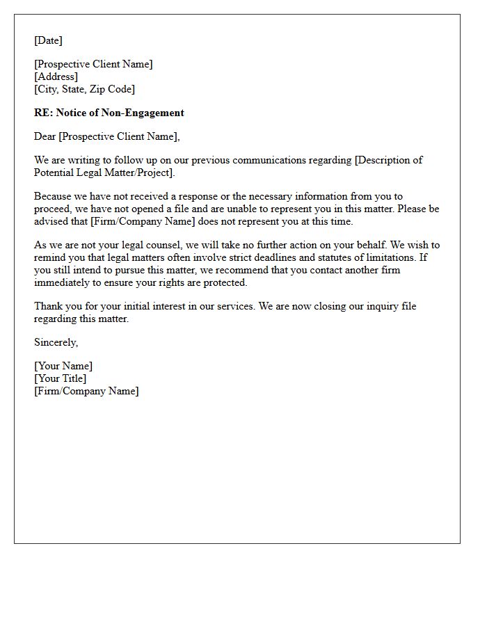 Non-Engagement Letter Due to Prospective Client Unresponsiveness