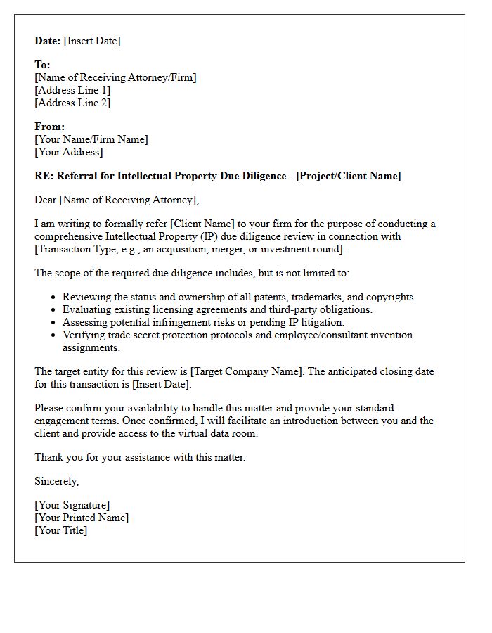 Intellectual Property Due Diligence Referral Letter