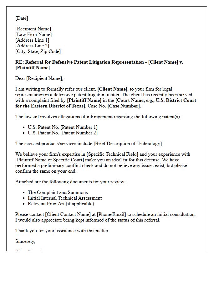 Defensive Patent Litigation Representation Referral Letter