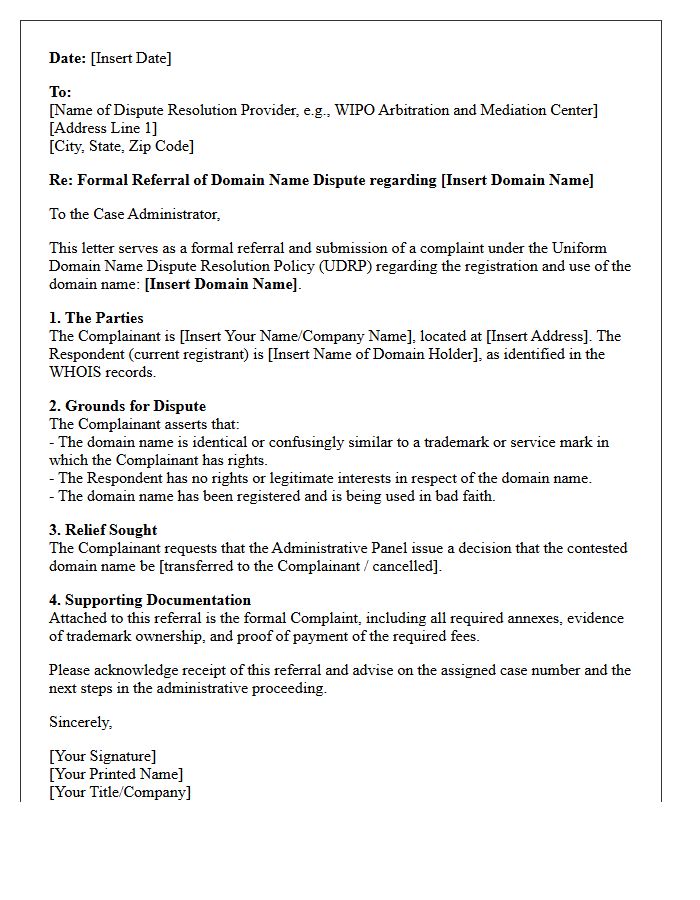 Domain Name Dispute Resolution Referral Letter