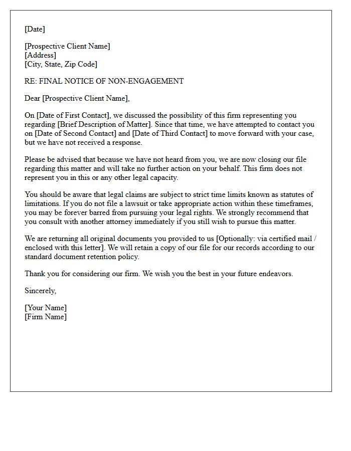 Final Notice of Non-Engagement Letter for Unresponsive Prospective Client