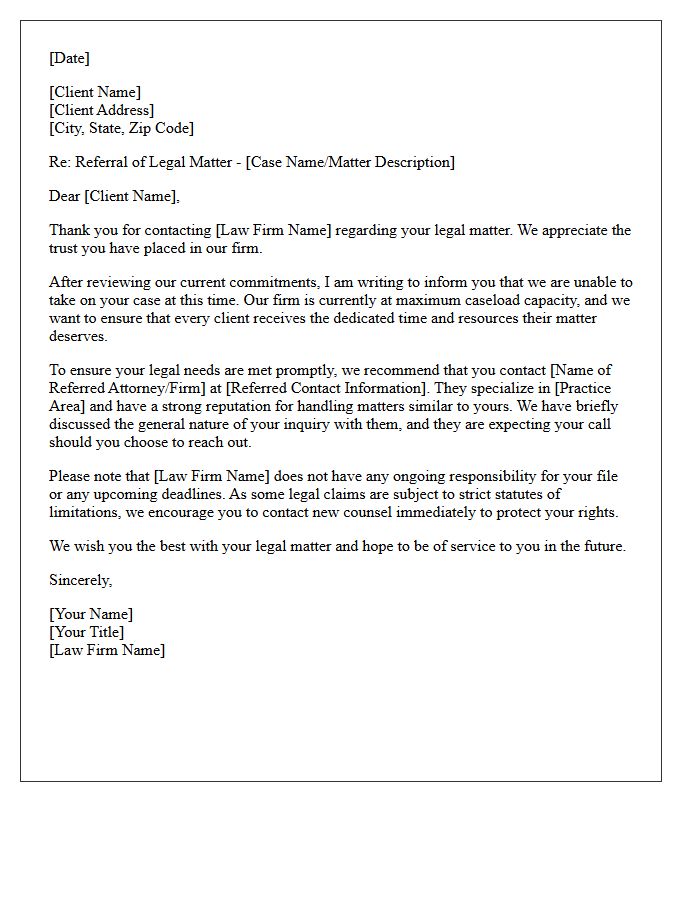 External Counsel Referral Letter Due to Maximum Caseload Capacity