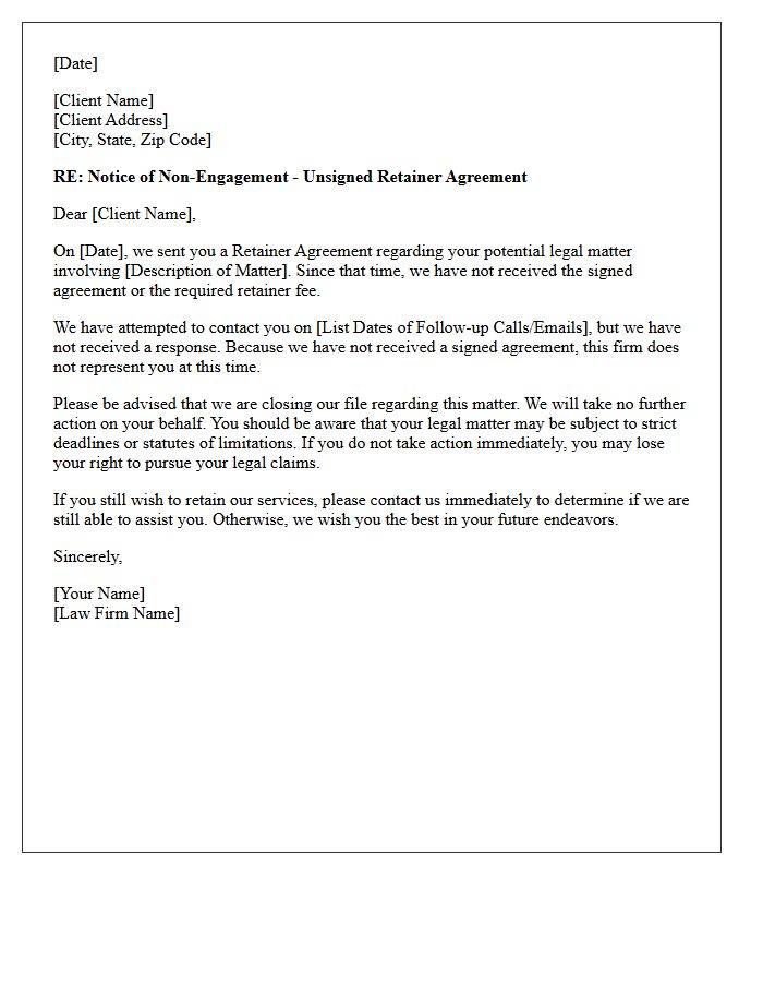 Retainer Agreement Unresponsiveness Non-Engagement Letter