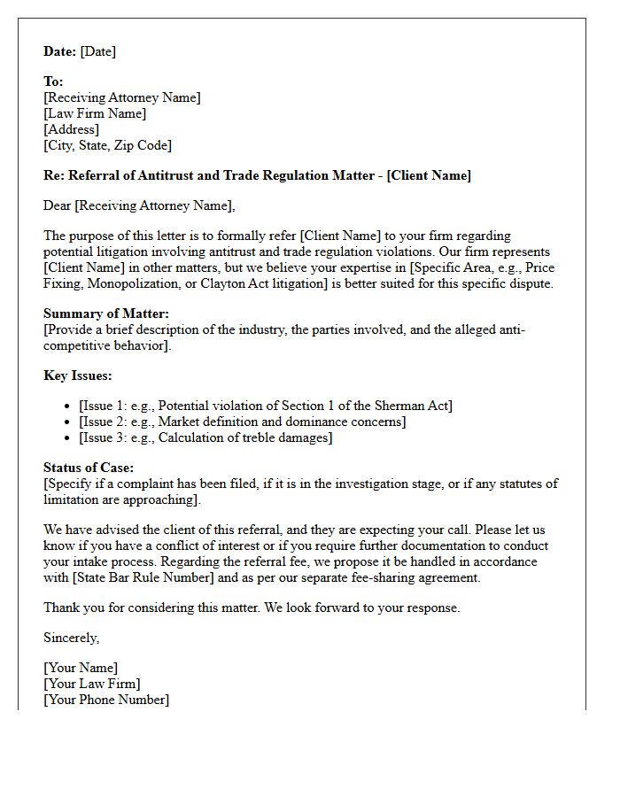 Antitrust and Trade Regulation Litigation Referral Letter
