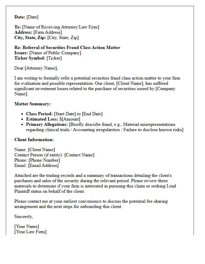 Securities Fraud Class Action Litigation Referral Letter
