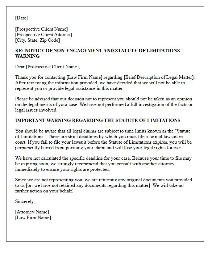 Statute of Limitations Warning and Non-Engagement Letter