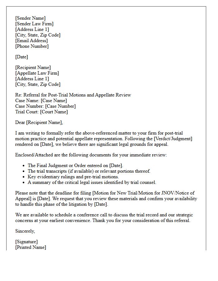 Post-Trial Motion Appellate Referral Letter